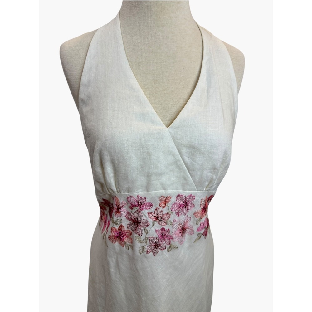 Ann Taylor Y2K Ivory Linen Floral Embroidered Halter Mini Dress Size 8 Coquette - Picture 3 of 15